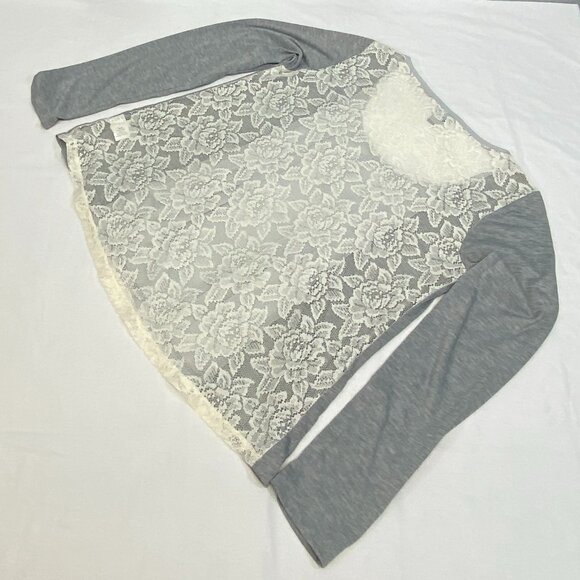 Vanity Scoop Neck Pleat Front Panel Lace Back Long Sleeve Knit Top Grey Ivory M - Picture 9 of 12